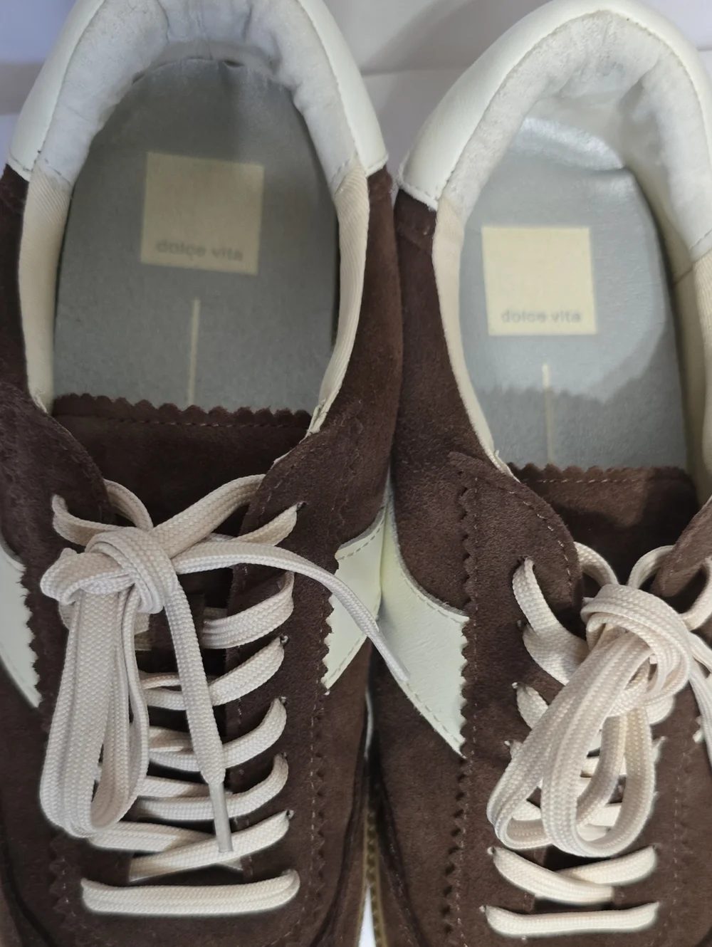 Dolce Vita Notice Dark Brown Suede Retro Sneakers Cream Accent